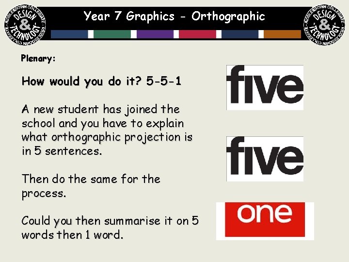 Year 7 Graphics - Orthographic Plenary: How would you do it? 5 -5 -1