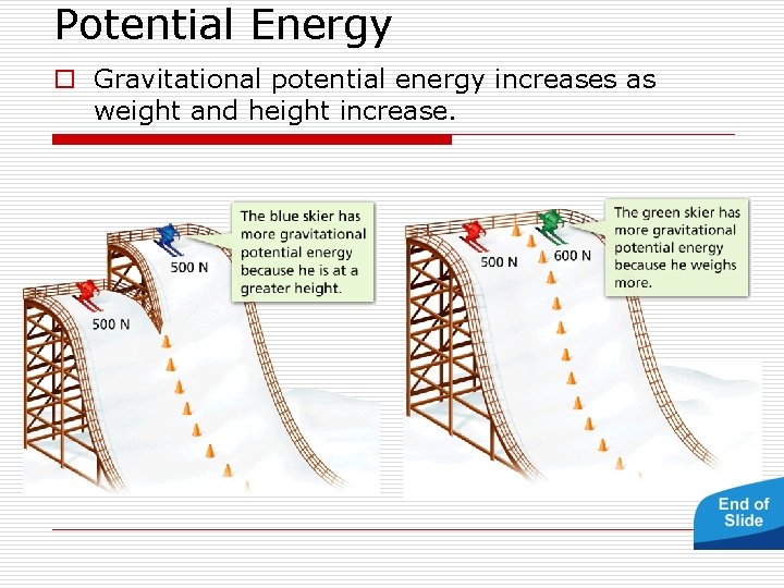 Potential Energy o Gravitational potential energy increases as weight and height increase. 