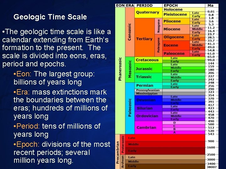 Geologic Time Scale • The geologic time scale is like a calendar extending from