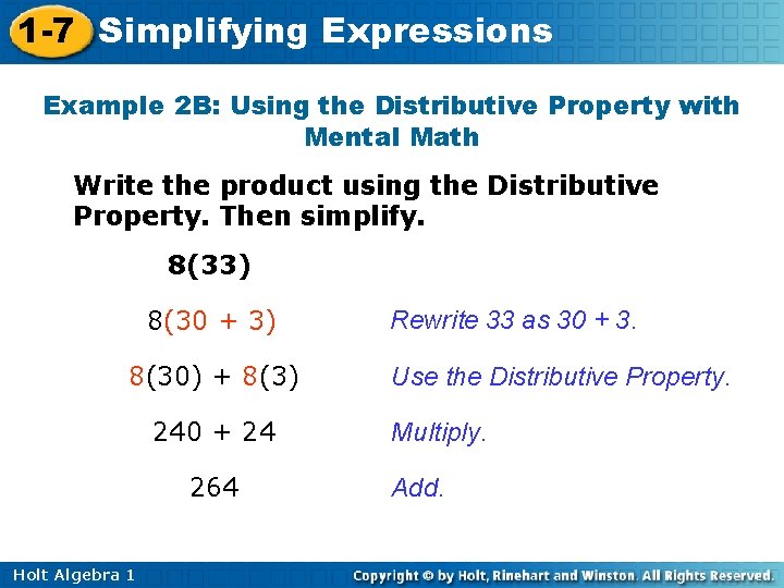 1 -7 Simplifying Expressions Example 2 B: Using the Distributive Property with Mental Math