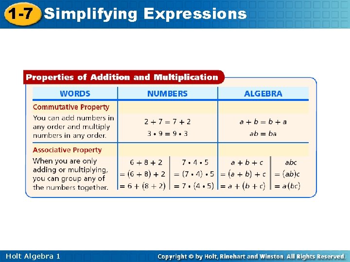 1 -7 Simplifying Expressions Holt Algebra 1 
