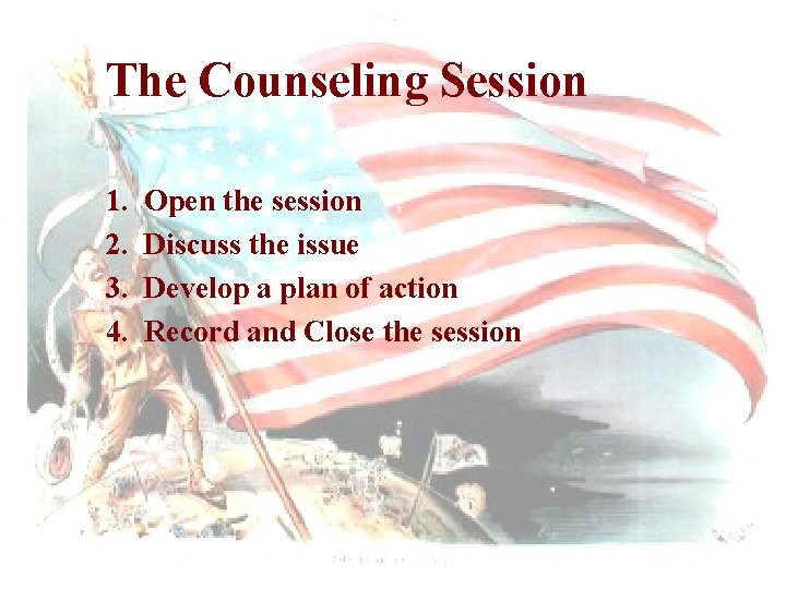 The Counseling Session 1. 2. 3. 4. Open the session Discuss the issue Develop