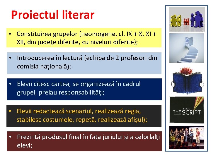 Proiectul literar • Constituirea grupelor (neomogene, cl. IX + X, XI + XII, din