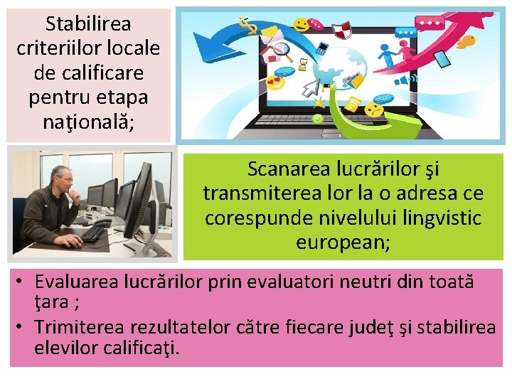 Stabilirea criteriilor locale de calificare pentru etapa naţională; Scanarea lucrărilor şi transmiterea lor la