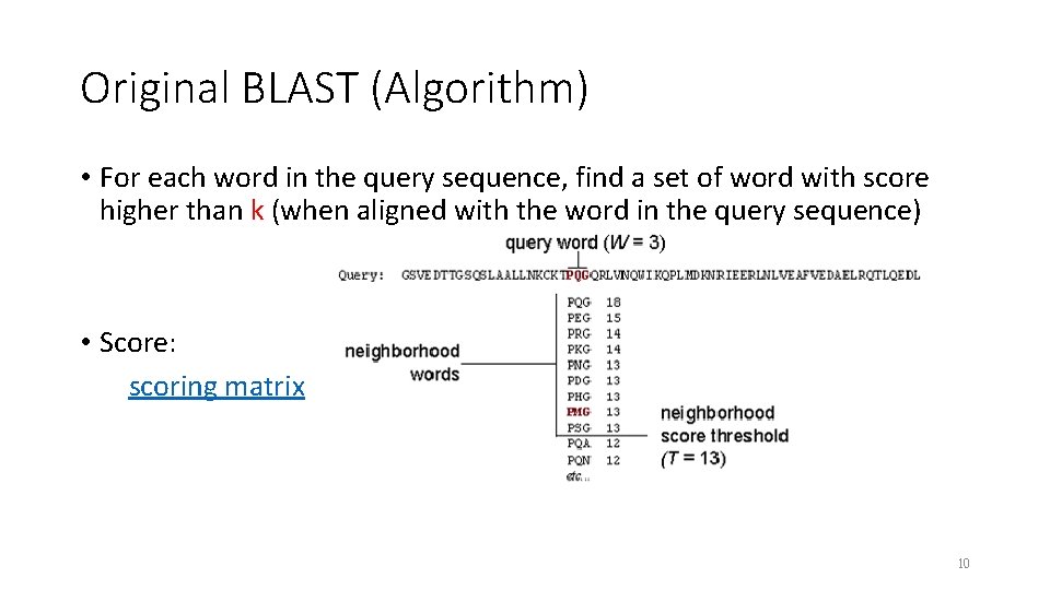 Original BLAST (Algorithm) • For each word in the query sequence, find a set
