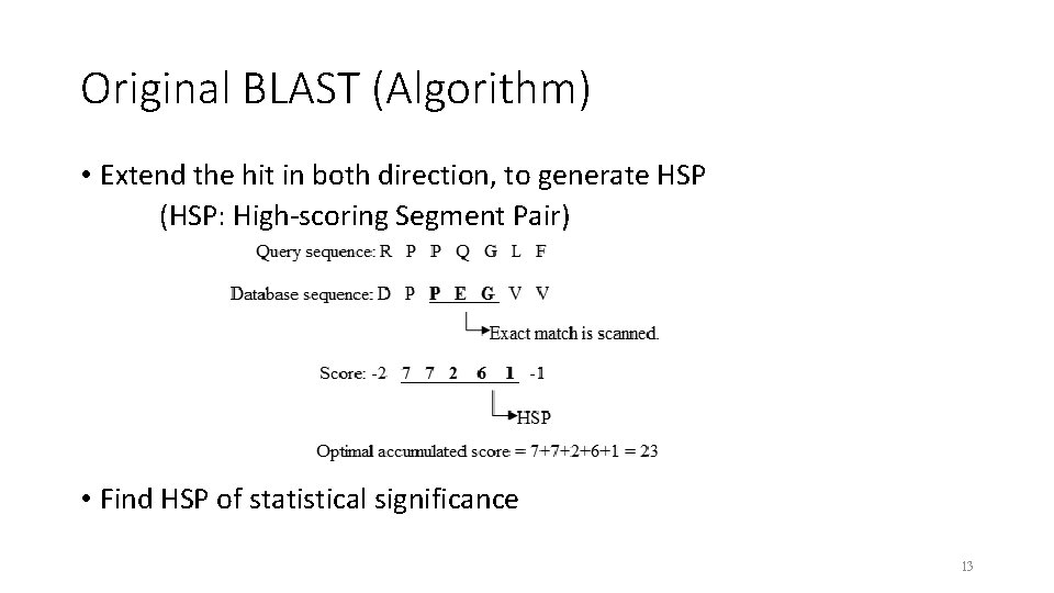 Original BLAST (Algorithm) • Extend the hit in both direction, to generate HSP (HSP: