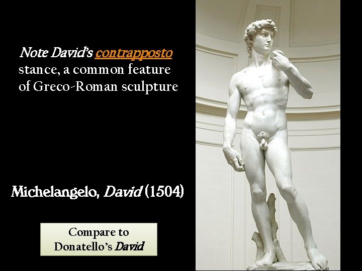 Note David’s contrapposto stance, a common feature of Greco-Roman sculpture Michelangelo, David (1504) Compare