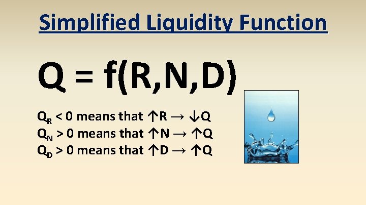 Simplified Liquidity Function Q = f(R, N, D) QR < 0 means that ↑R