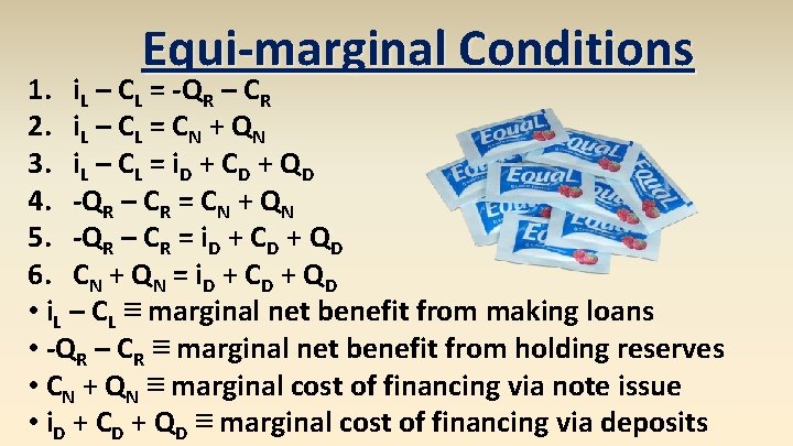 Equi-marginal Conditions 1. i. L – CL = -QR – CR 2. i. L