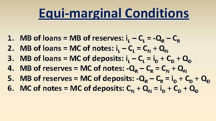 Equi-marginal Conditions 1. 2. 3. 4. 5. 6. MB of loans = MB of