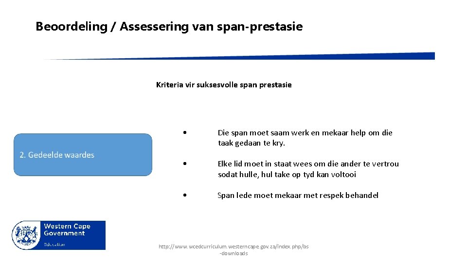 Beoordeling / Assessering van span-prestasie Kriteria vir suksesvolle span prestasie • Die span moet