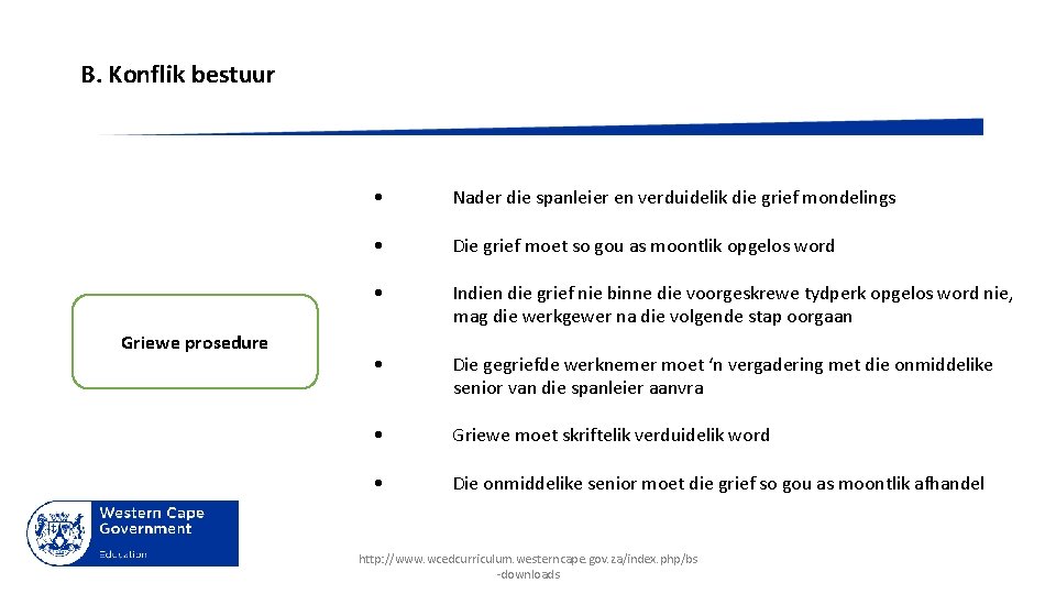 B. Konflik bestuur • Nader die spanleier en verduidelik die grief mondelings • Die