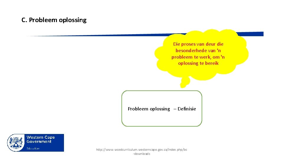 C. Probleem oplossing Die proses van deur die besonderhede van 'n probleem te werk,