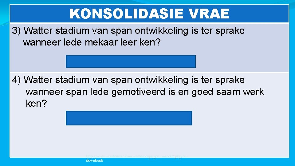 KONSOLIDASIE VRAE 3) Watter stadium van span ontwikkeling is ter sprake wanneer lede mekaar