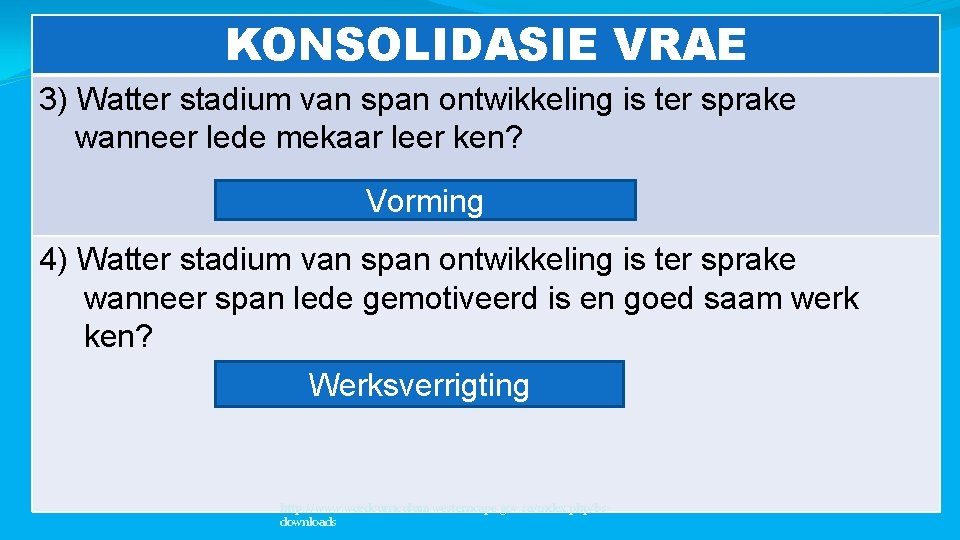 KONSOLIDASIE VRAE 3) Watter stadium van span ontwikkeling is ter sprake wanneer lede mekaar