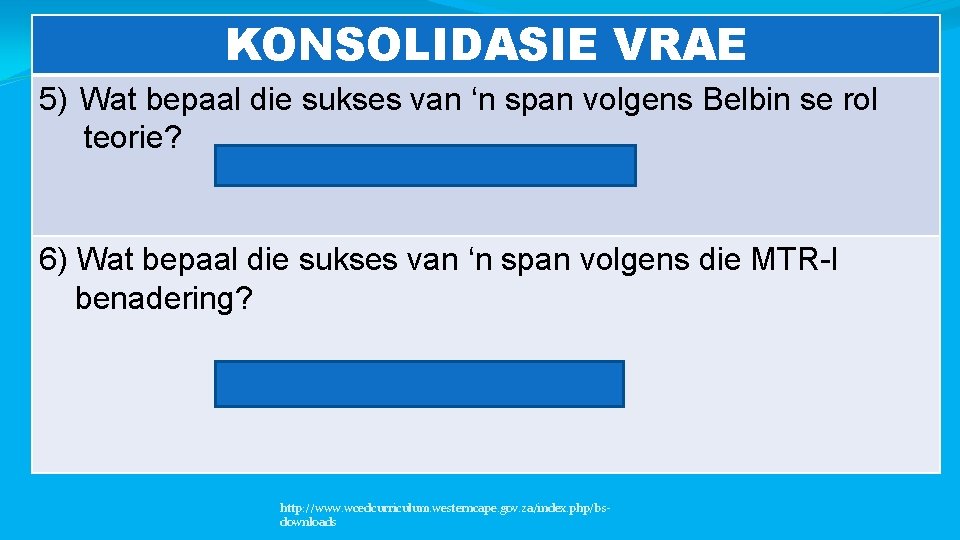 KONSOLIDASIE VRAE 5) Wat bepaal die sukses van ‘n span volgens Belbin se rol