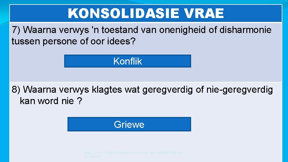 KONSOLIDASIE VRAE 7) Waarna verwys 'n toestand van onenigheid of disharmonie tussen persone of