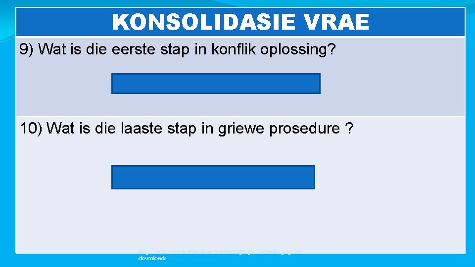 KONSOLIDASIE VRAE 9) Wat is die eerste stap in konflik oplossing? 10) Wat is