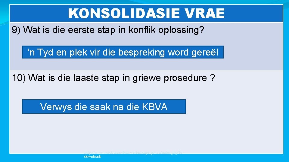 KONSOLIDASIE VRAE 9) Wat is die eerste stap in konflik oplossing? ‘n Tyd en