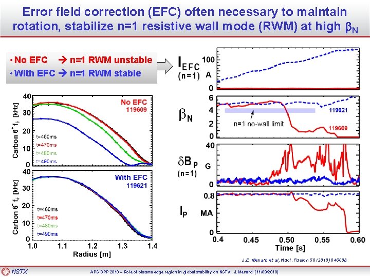 Error field correction (EFC) often necessary to maintain rotation, stabilize n=1 resistive wall mode