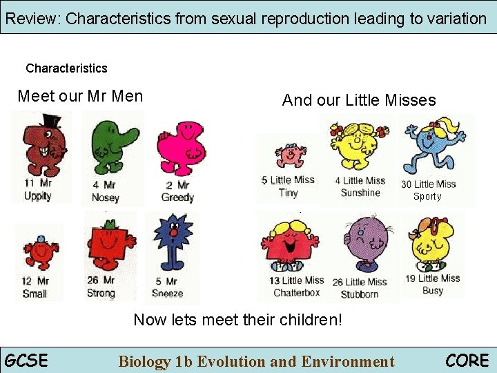 Review: Characteristics from sexual reproduction leading to variation Characteristics Meet our Mr Men And