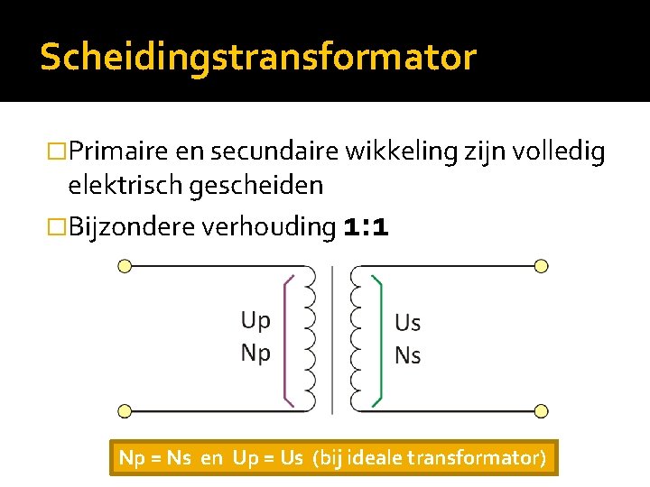 Scheidingstransformator �Primaire en secundaire wikkeling zijn volledig elektrisch gescheiden �Bijzondere verhouding 1: 1 Np