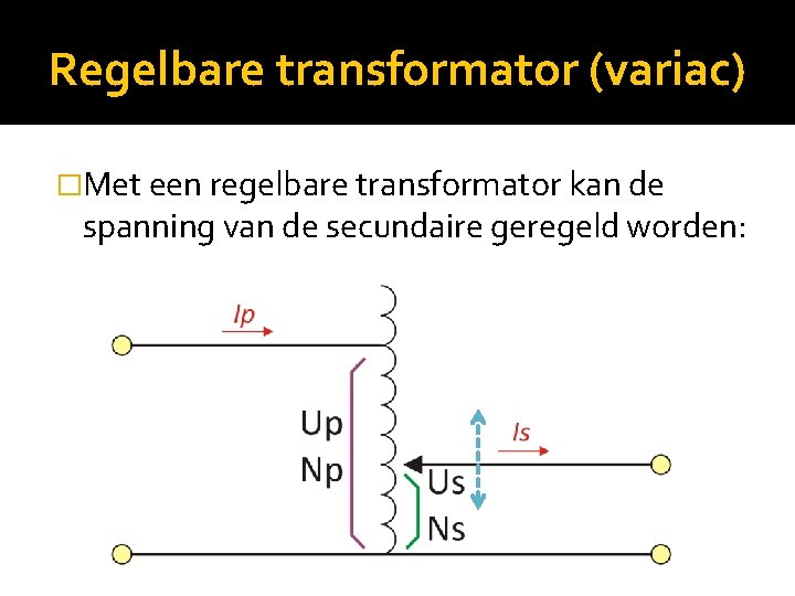 Regelbare transformator (variac) �Met een regelbare transformator kan de spanning van de secundaire geregeld