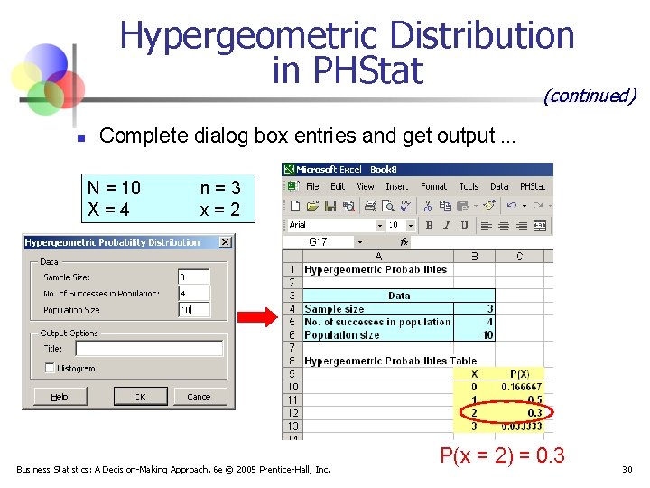 Hypergeometric Distribution in PHStat (continued) n Complete dialog box entries and get output …