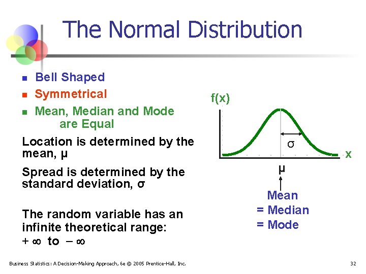 The Normal Distribution ‘Bell Shaped’ n Symmetrical n Mean, Median and Mode are Equal