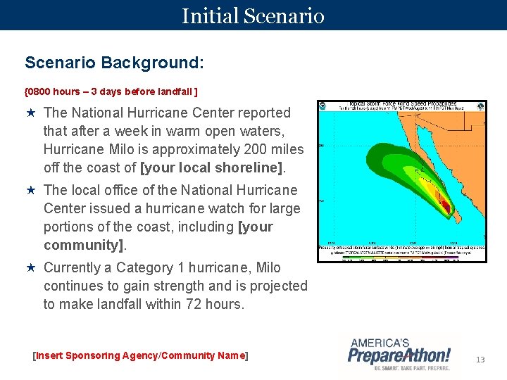 Initial Scenario Background: {0800 hours – 3 days before landfall ] The National Hurricane