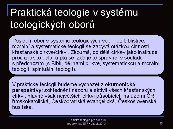 Praktická teologie v systému teologických oborů Poslední obor v systému teologických věd – po