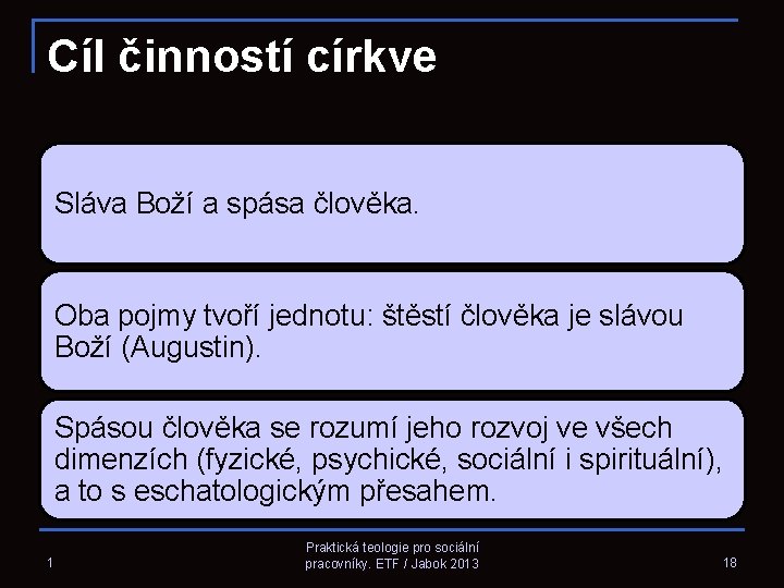 Cíl činností církve Sláva Boží a spása člověka. Oba pojmy tvoří jednotu: štěstí člověka