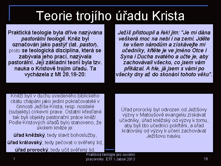 Teorie trojího úřadu Krista Praktická teologie byla dříve nazývána pastorální teologií. Kněz byl označován