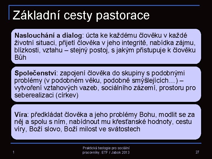 Základní cesty pastorace Naslouchání a dialog: úcta ke každému člověku v každé životní situaci,