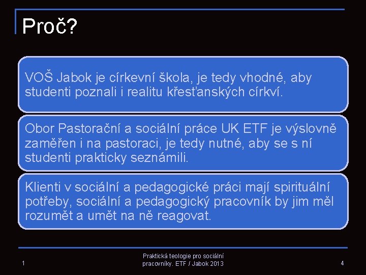 Proč? VOŠ Jabok je církevní škola, je tedy vhodné, aby studenti poznali i realitu