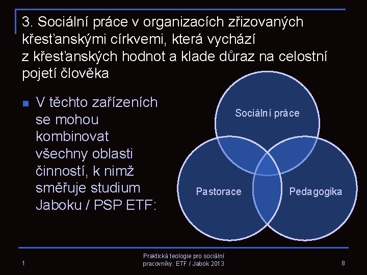 3. Sociální práce v organizacích zřizovaných křesťanskými církvemi, která vychází z křesťanských hodnot a