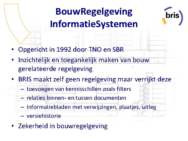 Bouw. Regelgeving Informatie. Systemen • Opgericht in 1992 door TNO en SBR • Inzichtelijk