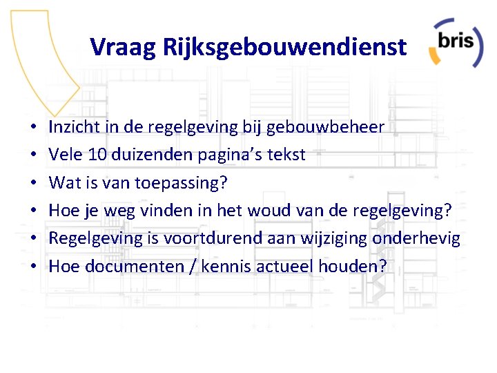 Vraag Rijksgebouwendienst • • • Inzicht in de regelgeving bij gebouwbeheer Vele 10 duizenden