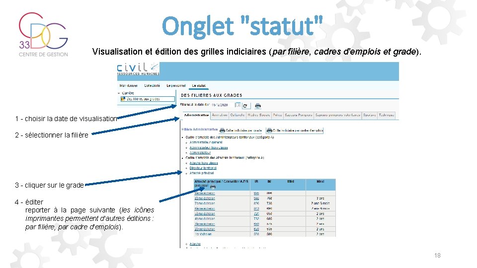 Onglet "statut" Visualisation et édition des grilles indiciaires (par filière, cadres d'emplois et grade).