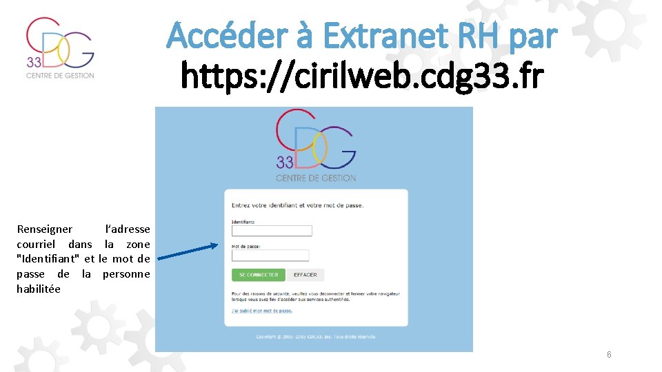 Accéder à Extranet RH par https: //cirilweb. cdg 33. fr Renseigner courriel dans "Identifiant"