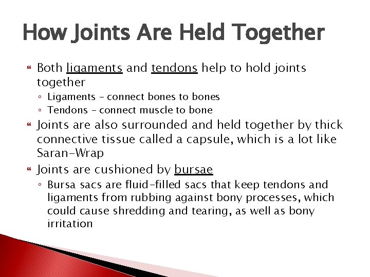 How Joints Are Held Together Both ligaments and tendons help to hold joints together