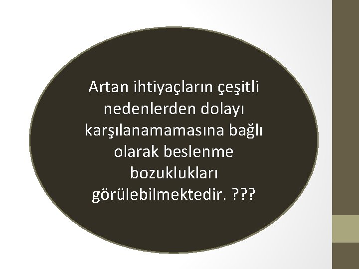 Artan ihtiyaçların çeşitli nedenlerden dolayı karşılanamamasına bağlı olarak beslenme bozuklukları görülebilmektedir. ? ? ?