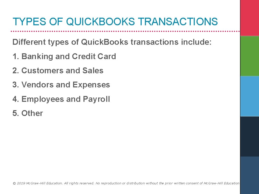 TYPES OF QUICKBOOKS TRANSACTIONS Different types of Quick. Books transactions include: 1. Banking and