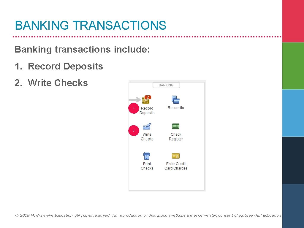 BANKING TRANSACTIONS Banking transactions include: 1. Record Deposits 2. Write Checks 1 2 ©