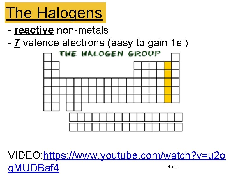 The Halogens - reactive non-metals - 7 valence electrons (easy to gain 1 e-)