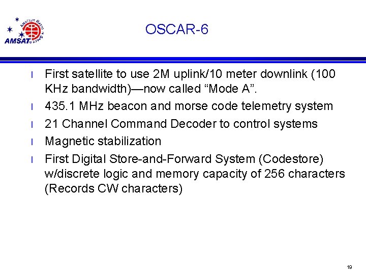 OSCAR-6 l l l First satellite to use 2 M uplink/10 meter downlink (100