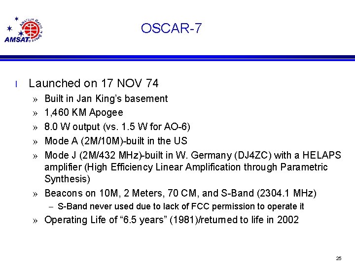 OSCAR-7 l Launched on 17 NOV 74 » » » Built in Jan King’s