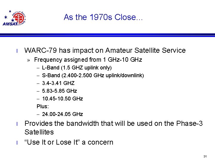 As the 1970 s Close… l WARC-79 has impact on Amateur Satellite Service »