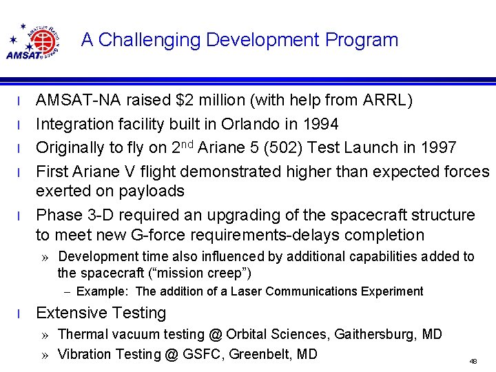 A Challenging Development Program l l l AMSAT-NA raised $2 million (with help from