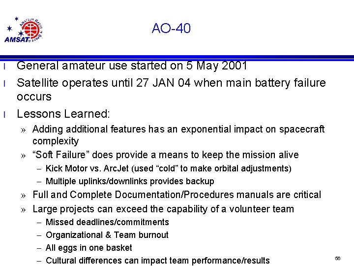 AO-40 l l l General amateur use started on 5 May 2001 Satellite operates